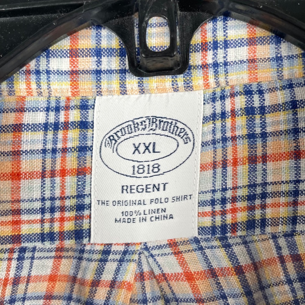 Brooks Brothers Shirt Men 2XL Blue Orange Plaid 100% Linen Short Sleeve Button - Picture 7 of 8